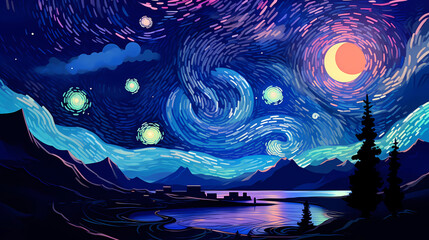 Hand drawn cartoon beautiful illustration of starry sky landscape
