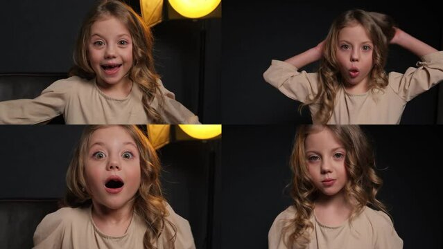 Collage of happy smiling faces of children. A girl with different emotions on her face in one video.