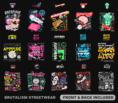 Brutalism T-shirt Designs Bundle, Streetwear T-shirt Designs Artwork Set, Graffiti Vector Collection For Apparel And Clothing Print