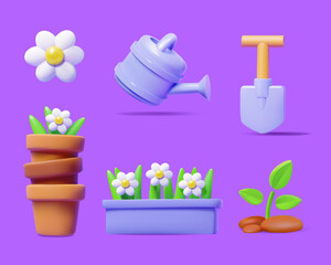 Set of 3D gardening-themed objects. Flower, pot of plants, shovel and sprout isolated on a purple background.