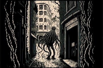 a woodcut of a space alien with tentacles and one eye standing in alleyway detailed 