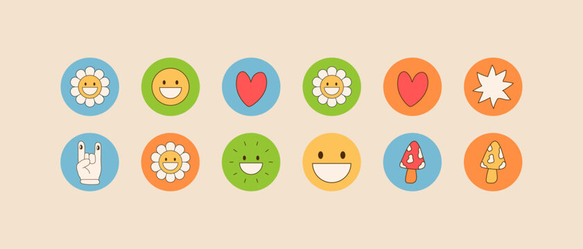 Groovy sticker pack set. Hippie, y2k aesthetic stickers in hand drawn doodle style. Retro, vintage cartoon smiley, flower, glove, mushroom, spark, star. (Full Vector)