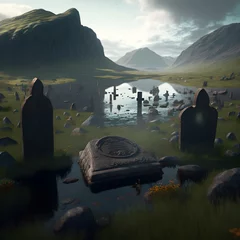 Fotobehang Massive Runic burial ground crowded ancient rune stomes Dense tombs with flag grave markers Scottish mountain side fields of wild flowers and ponds below cinematic lighting ultra detailed  © Jessie