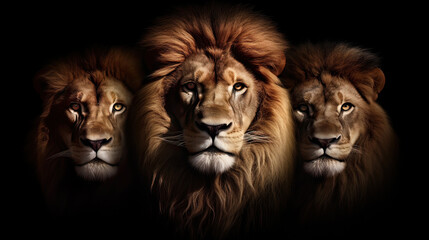 portrait of three adult lions close-up on a black background, ultra realism. Animal king closeup. Generative AI