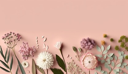 spring flower border on soft pink background copy space flat lay mock up, Generative AI