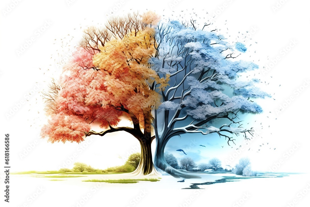 Poster drawing of a tree in winter and summer. change of seasons isolated on white background. Generated by AI.