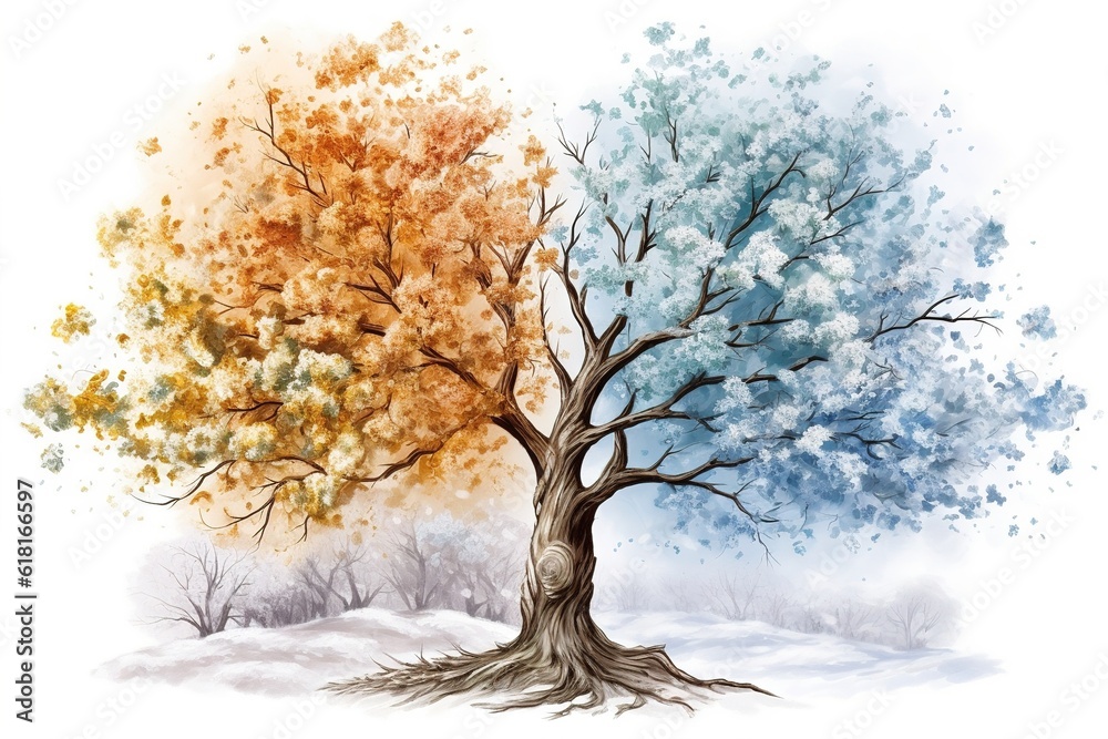 Poster drawing of a tree in winter and summer. change of seasons isolated on white background. generated by