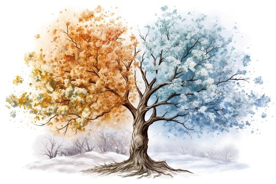 drawing of a tree in winter and summer. change of seasons isolated on white background. Generated by AI.