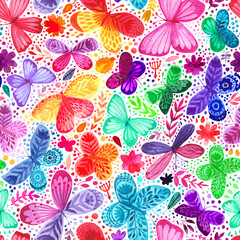 Seamless pattern with watercolor flowers and butterflies. Freehand drawing, rainbow colors pattern. Decorative wallpaper design
