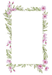 Rectangular frame with pink flowers on a white background