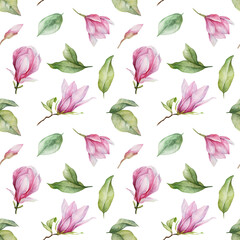 Seamless pattern with pink magnolia flowers on white background