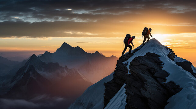 Triumphant Couple Conquering the Mountain Peak