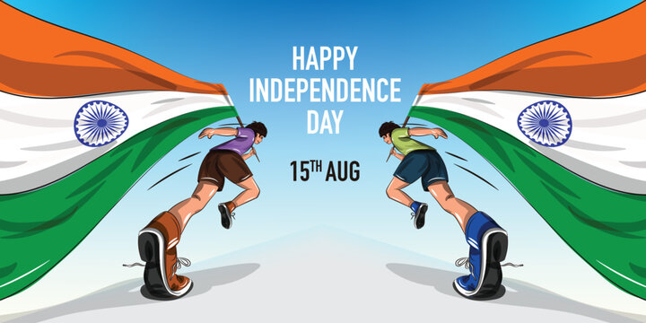 two boys running with indian flag and celebrating indian independence day