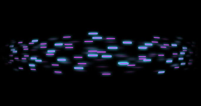 Animation of colourful neon light trails and shapes over black background