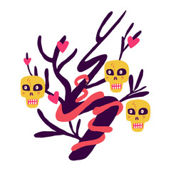 a tree with skulls and snakes and hearts. Halloween trendy illustration in modern hand drawn style