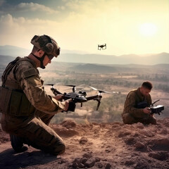 soldiers working with drone at a warzone