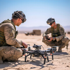 soldiers working with drone at a warzone - 618169595