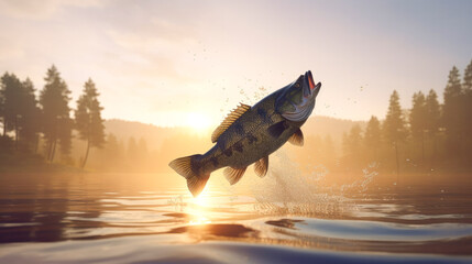 black bass (Micropterus salmoides) jumping from the water in a high mountain lake - obrazy, fototapety, plakaty
