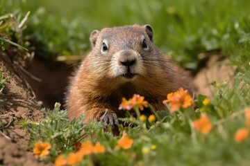 Naklejka na ściany i meble marmot in the grass with some flowers