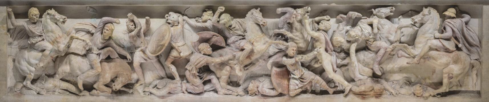 Alexander sarcophagus, battle scene relief. Alexander the Great routs Persians. Lycian Sarcophagus from Sidon (Lebanon). Painted relief, long side. Istanbul Archaeology Museum, Turkey. Oct. 18, 2022