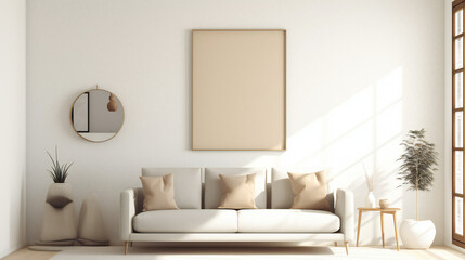 Naklejka na ściany i meble Stylish Living Room Interior with Mockup Frame Poster, Modern interior design, 3D render, 3D illustration