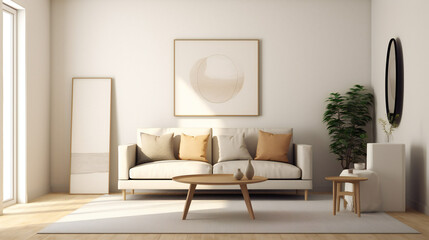 Fototapeta premium Stylish Living Room Interior with Mockup Frame Poster, Modern interior design, 3D render, 3D illustration