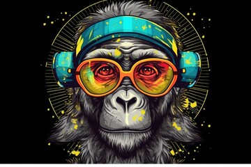 the monkey with glasses and headphones black background