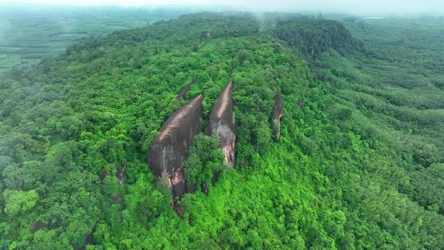 aerial view of Hin Sam Wan which is covered with green trees and there is a light mist