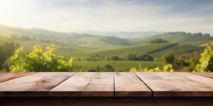 Empty wood table with blurred vineyard landscape background,  template display for montage products. Front view wooden table, green field, sunny day. Generative AI photo.