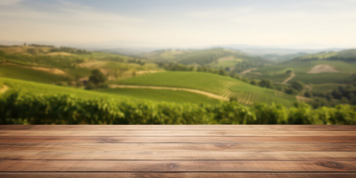 Empty wood table with blurred vineyard landscape background,  template display for montage products. Front view wooden table, green field, sunny day. Generative AI photo.
