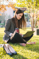 Side view of young female in casual clothes sitting on grass and browsing tablet while resting in park on sunny day