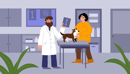 Owner with dog at vet. Veterinary office, doctor looks X ray with dogs paw fracture, pet with cast on limb, animal care, vector illustration