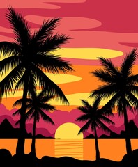 Fototapeta na wymiar Palm trees beach landscape. Summer sunset on sea, black silhouettes of tropical plants, exotic coastal view, vector background illustration