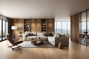 Naklejka na ściany i meble Beautiful living room with natural wooden tone