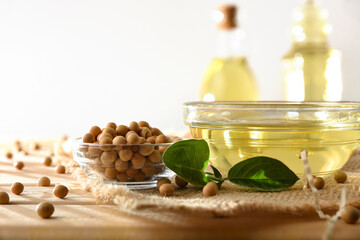 Soybean oil and container with soy beans and bottles