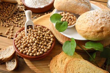 Bread made with soy flour on rustic table elevated view