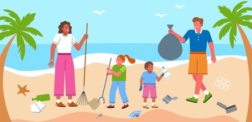 Adults and children clean beach from garbage. Young volunteers save earth, environmental problem, waste on seashore, vector illustration