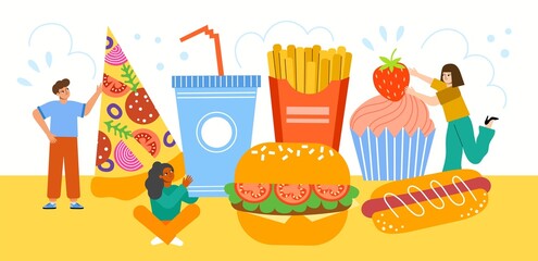 Cute people eat fast food. Cartoon flat men and women with large pizza, burger, hot dog and cupcake, unhealthy products, vector illustration