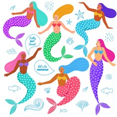 Cartoon mermaids characters. Cute oceanic girls, underwater mythical creatures, marine fabulous women, fish tails, female bodies, vector set