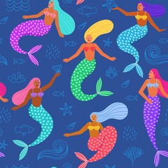 Cartoon mermaids characters. Pretty women with fish tails, underwater mythical creatures, beautiful sea girls, vector seamless pattern