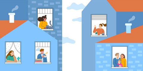 Obraz premium Funny people in windows. Cartoon neighbors of different houses, residential buildings, people look out into street, vector illustration