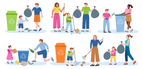 Adults and children collect garbage. Recycling and sorting, cartoon people put waste in containers, environment and ecology care, vector set