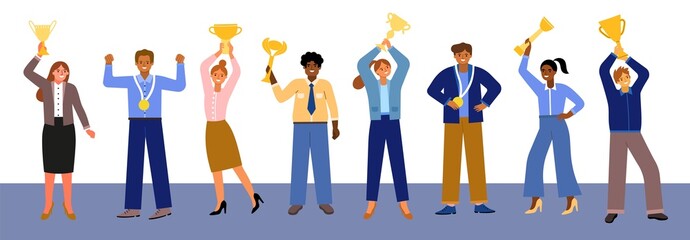 Funny business people hold awards. Golden and silver cups, happy triumphants, joyful office team, winners employees characters, vector set