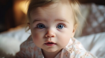 Portrait of happy  cute little girl with blue eyes lying in bed. Cute little girl lying in bed and looking at the camera. Portrait of beautiful little female child with big eyes lying on bed at home.