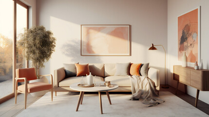 Stylish Living Room Interior with an Abstract Frame Poster, Modern interior design, 3D render, 3D illustration