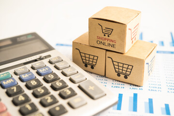 Shopping cart logo on box on graph background. Banking Account, Investment Analytic research data economy, trading, Business import export transportation online company concept.