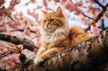 Naklejka na ściany i meble Fluffy cat sitting on the cherry tree with pink flowers in full bloom