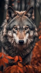 Fototapeta premium Grey wolf (canis lupus) or timber wolf in wooded autumn surroundings. looking at the camera