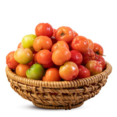 Fresh acerola cherriesin a bamboo basket isolated on white background
