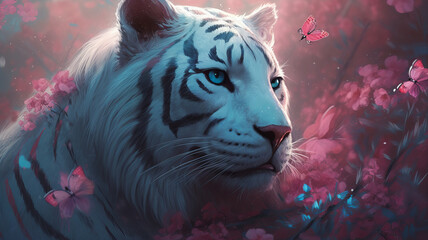 Mesmerizing White Tiger King Magic Fantasy Portrait Digital Generated Amazing Romantic Fairytale Legend Story Poster Illustration